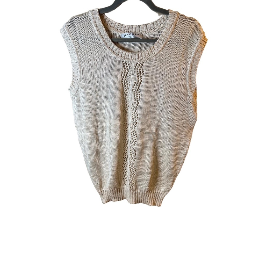 Jaeger Womens Beige Sleeveless Knit Crewneck Sweater Vest Medium Silk Blend